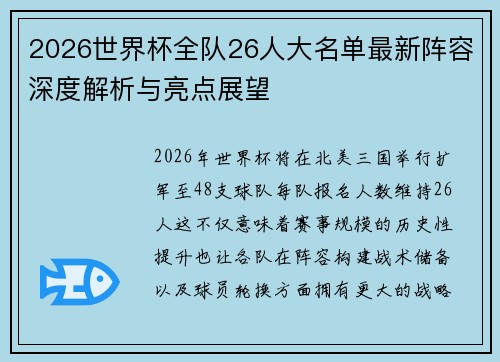 2026世界杯全队26人大名单最新阵容深度解析与亮点展望 2026世界杯全队26人大名单最新阵容深度解析与亮点展望