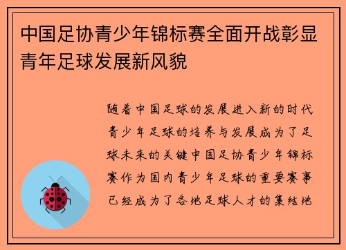 中国足协青少年锦标赛全面开战彰显青年足球发展新风貌