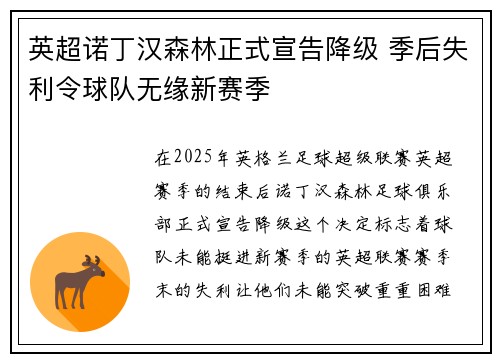 英超诺丁汉森林正式宣告降级 季后失利令球队无缘新赛季